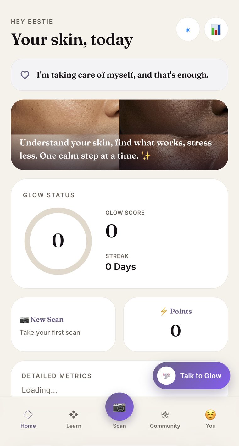 GL0W dashboard showing your skin today